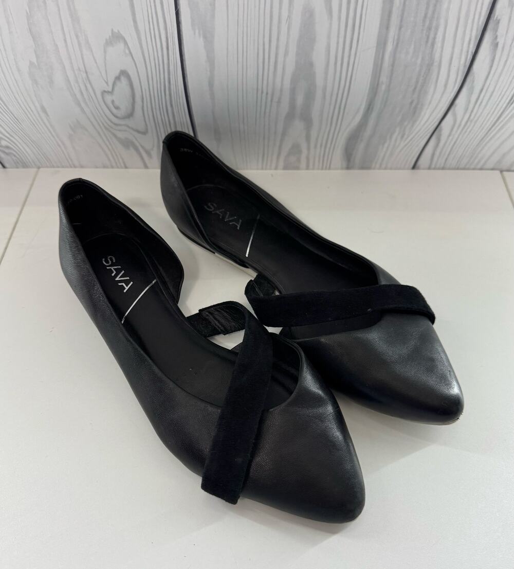 Anthropologie Sava Leather Flats with Suede Detail Black Pointed Toe 7.5 EU38 r1